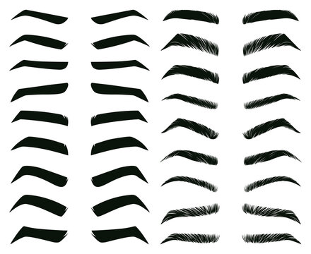 Cartoon eyebrows shapes, thin, thick and curved eyebrows. Classic eyebrows, brow makeup shaping vector illustration set. Various eyebrows types