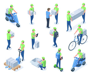Naklejka na ściany i meble Isometric courier characters, logistic, delivery service workers. Courier carry boxes, bring packages with bicycle or scooter vector illustration set. Parcel delivery service