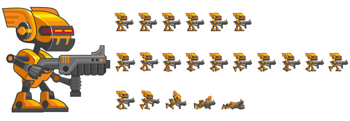 A robot armed with a machine gun for creating sci-fi video games . Game animated character in various poses. Game Sprite 