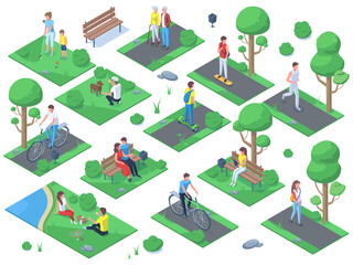 Isometric people in city park, outdoor activity, picnic sport recreation. Summer outdoor active recreations, picnic, port activities vector illustration set. City park scenes