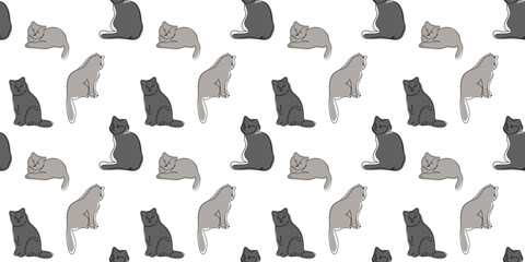 Cats seamless pattern on a white background. Hand-drawn pattern with a gray cat. Suitable for web page wallpapers, textile surface texture backgrounds. Draw one line. Linear style. Doodle. Vector