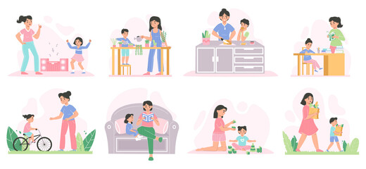 Motherhood activities, moms and children reading books, playing, cooking. Happy family, moms with kids spend time together vector illustration set. Mothers and children scenes