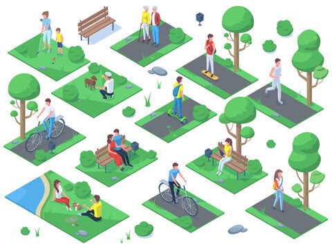 Isometric People In City Park, Outdoor Activity, Picnic Sport Recreation. Summer Outdoor Active Recreations, Picnic, Port Activities Vector Illustration Set. City Park Scenes