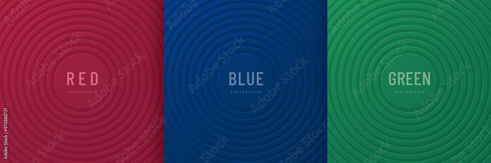 Poster set of radial 3d circular lines overlapping texture on dark red, blue and green background. modern a