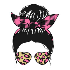 Messy bun and leopard glasses. Vector illustration.