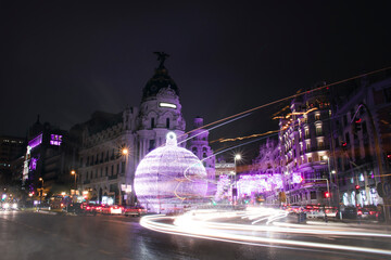 Christmas decorations in Gran Via, Madrid, Spain at night	
