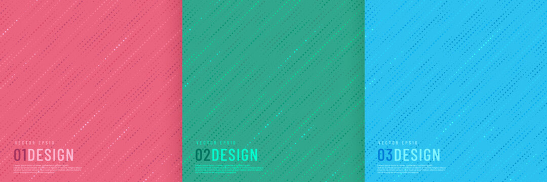 Set of diagonal lines dots overlapping on pink, green and light blue abstract background. Modern and minimal halftone design. Dynamic speed dots pattern template with copy space. Vector illustration