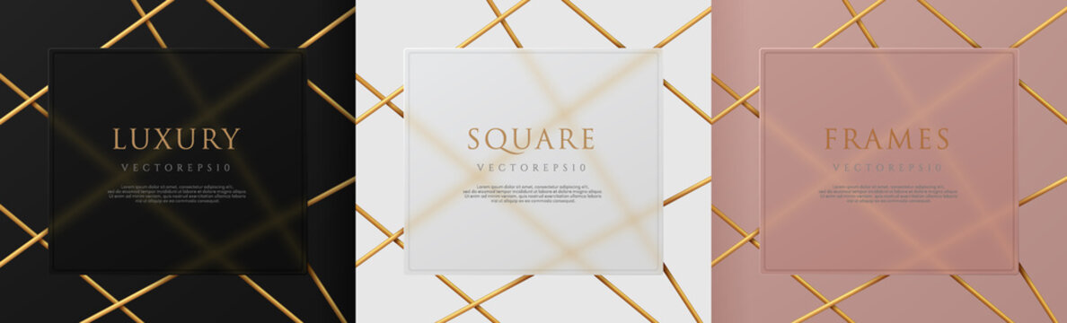 Set of white, rose gold, black squares frame with 3D golden lines overlap design. Abstract backdrop for cosmetic product. Collection of luxury geometric vector background with copy space. Top view.
