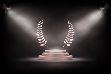 3d podium, round platform stage and spotlights vector illustration. Empty realistic pedestal with laurel wreath for product, award for winner in ceremony show event or modern showcase room background.