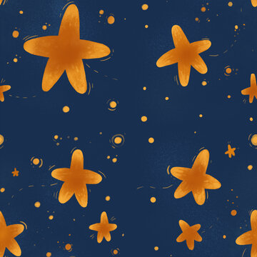 Funny seamless pattern with night sky and stars. Trendy illustration for fabric or wallpaper design. Universe space. Modern design.