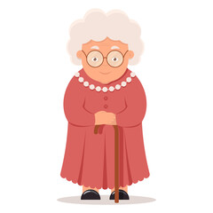 Cute old woman with a cane. Grandma with glasses on white background.