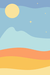 Abstract landscape. Nature, mountains, sea, moon. Fashionable trendy style, minimalism. Design for social networks, poster, banner, cover. Colored flat vector illustration.