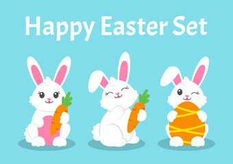 Happy Easter. Set of little cute rabbits. Bunny, egg, carrot. Colored flat vector illustration isolated on blue background. Cartoon character.