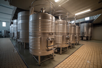 stainless barrels of wine in a winery