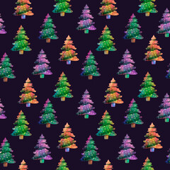 Amazing Colourful Christmas fir trees pattern with dark background