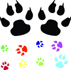 Animal paw prints b&w and color vector illustration