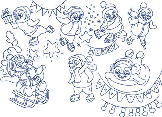 winter penguins ice skating
 sport coloring book for kids set vector sketch doodle hand drawn print graphic characters with character cute cartoon