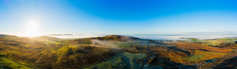 aerial panoramic view of foggy winter countryside morning, Northern Ireland