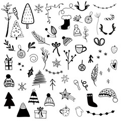 Black and white Christmas design elements, holly berry, Christmas tree, hat, snowflake, garland, Christmas balls, gift box. Scandinavian elements. Concept Christmas and New Year. Vector illustration.