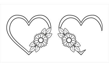 Frame border heart with sunflower black and white line drawing 