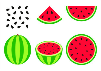 Watermelon slices and whole watermelon, watermelon seeds, flat illustration 