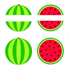 Watermelon slice and whole watermelon flat illustration, watermelon split 