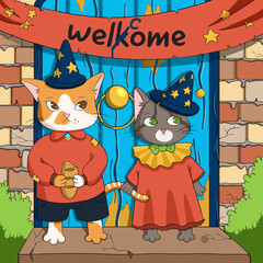 Cute illustration for children. Two cat characters and their first day at a magic school