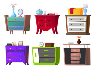 A set of nightstands of different shapes and colors in a flat style. Isolated on a white background. Cartoon style furniture