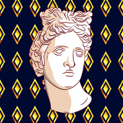 Bust of a woman in ancient Greek style on an abstract background with gold rhombuses - obrazy, fototapety, plakaty