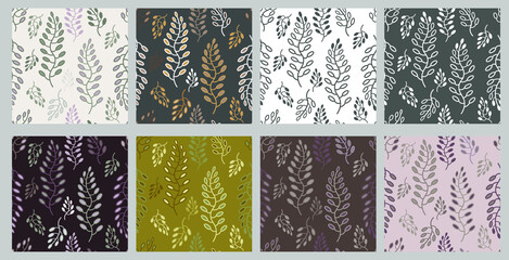 Twigs and leaves in a set of seamless backgrounds. 

Simple flat image. For the design of textiles and all surfaces.
