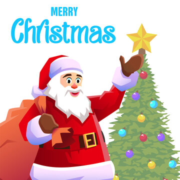 Santa with a bag behind his back waving to us with his right hand, in front of a decorated Christmas tree.Inscription on top Merry Christmas.Holiday mood.Billboard or postcard for Christmas