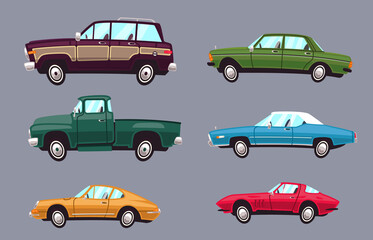 Set of cars in cartoon style. 6 cars in different bodies for animation.Isolated on gray background