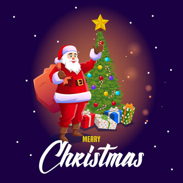 Santa with a bag behind his back against a decorated Christmas tree.Inscription below Merry Christmas.Holiday mood.Billboard or postcard for Christmas
