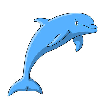 A blue dolphin with a smile on his face jumping to the side. Isolated on white background. Cartoon style.