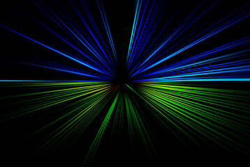 Abstract surface of blur radial zoom in   green, yellow, red and blue tones on a black background. Bright green blue background with radial, diverging, converging lines