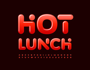 Vector bright Sign Hot Lunch. Glossy Red Font. Set of creative Alphabet Letters and Numbers