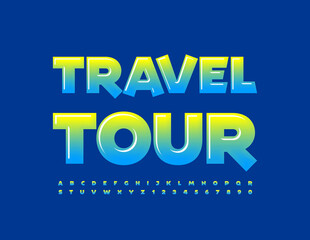 Vector bright Sign Travel Tour. Glossy Modern Font. Creative Alphabet Letters and Numbers set