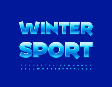 Vector glossy Emblem Winter Sport. Blue Bright Font. Artistic Alphabet Letters and Numbers set