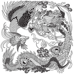 Jade Green Dragon and Gold Phoenix Feng Huang playing a pearl. Two celestial mythological creatures. Black and white vector illustration inspired by a Chinese Folklore Legend or Myth, Tale
