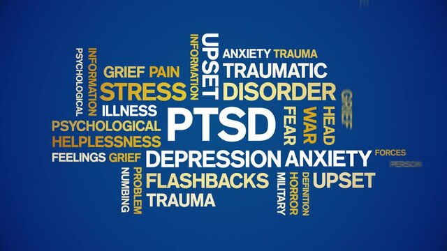 PTSD Animated tag word cloud;text design animation kinetic typography seamless loop.