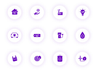 eco purple color vector icons on light round buttons with purple shadow. ecology icon set for web, mobile apps, ui design and print