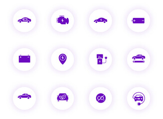 eco car purple color vector icons on light round buttons with purple shadow. electro car icon set for web, mobile apps, ui design and print
