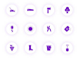 garden purple color vector icons on light round buttons with purple shadow. garden icon set for web, mobile apps, ui design and print