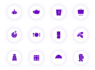 kitchen purple color vector icons on light round buttons with purple shadow. kitchen icon set for web, mobile apps, ui design and print