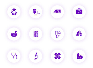 medical purple color vector icons on light round buttons with purple shadow. medicine icon set for web, mobile apps, ui design and print