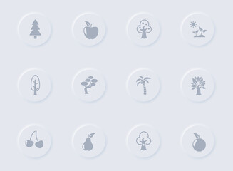 trees gray vector icons on round rubber buttons. trees icon set for web, mobile apps, ui design and promo business polygraphy