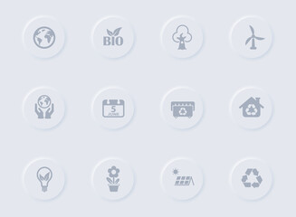 world environment day gray vector icons on round rubber buttons. world environment day icon set for web, mobile apps, ui design and promo business polygraphy