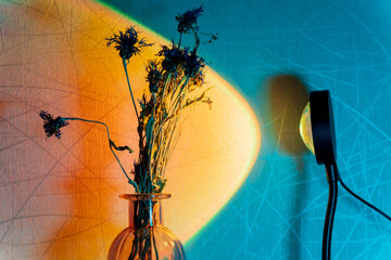 Sunset projector lamp on the table. Multi colored RGB light. Home decor.