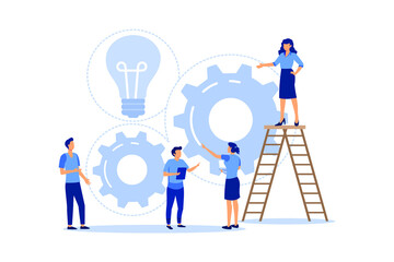 teamwork on finding new ideas, little people launch a mechanism, search for new solutions, creative work vector flat modern design illustration