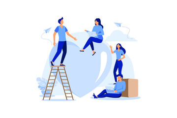 preparation for Valentine's Day, teamwork, big heart, love holiday symbol vector flat modern design illustration